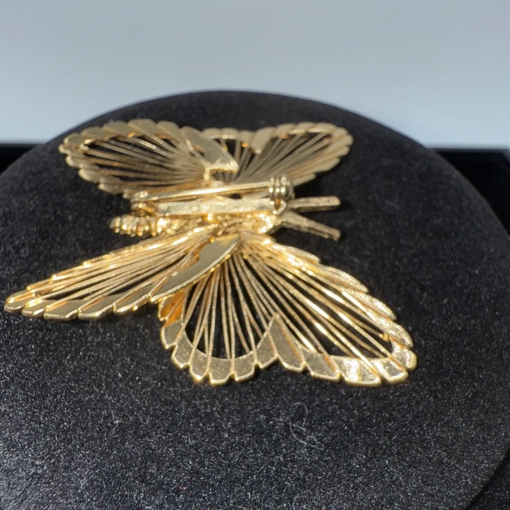 Vintage Signed Monet Butterfly Brooch Pin Gold Tone Open Filigree 1.5 inches